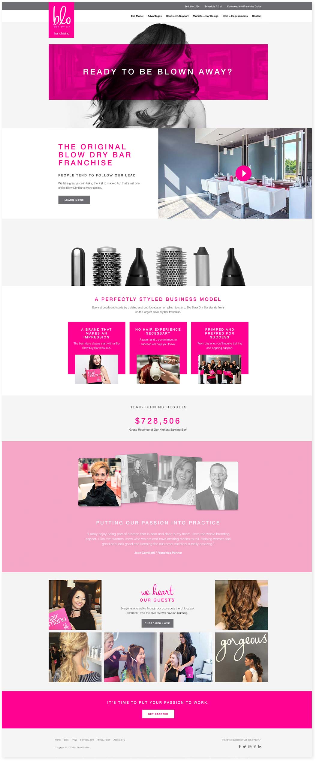 Full-length desktop mockup of the Blo Blow Dry Bar franchise website, from the the agency portfolio page archived on the Wayback Machine (Oct 2020)