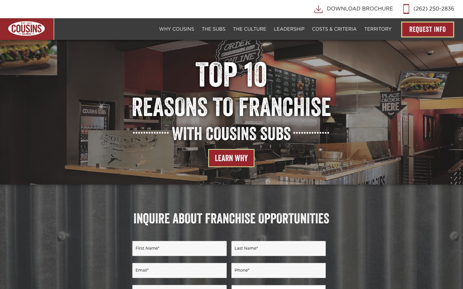 Cousins Subs franchise website as shipped, archived capture