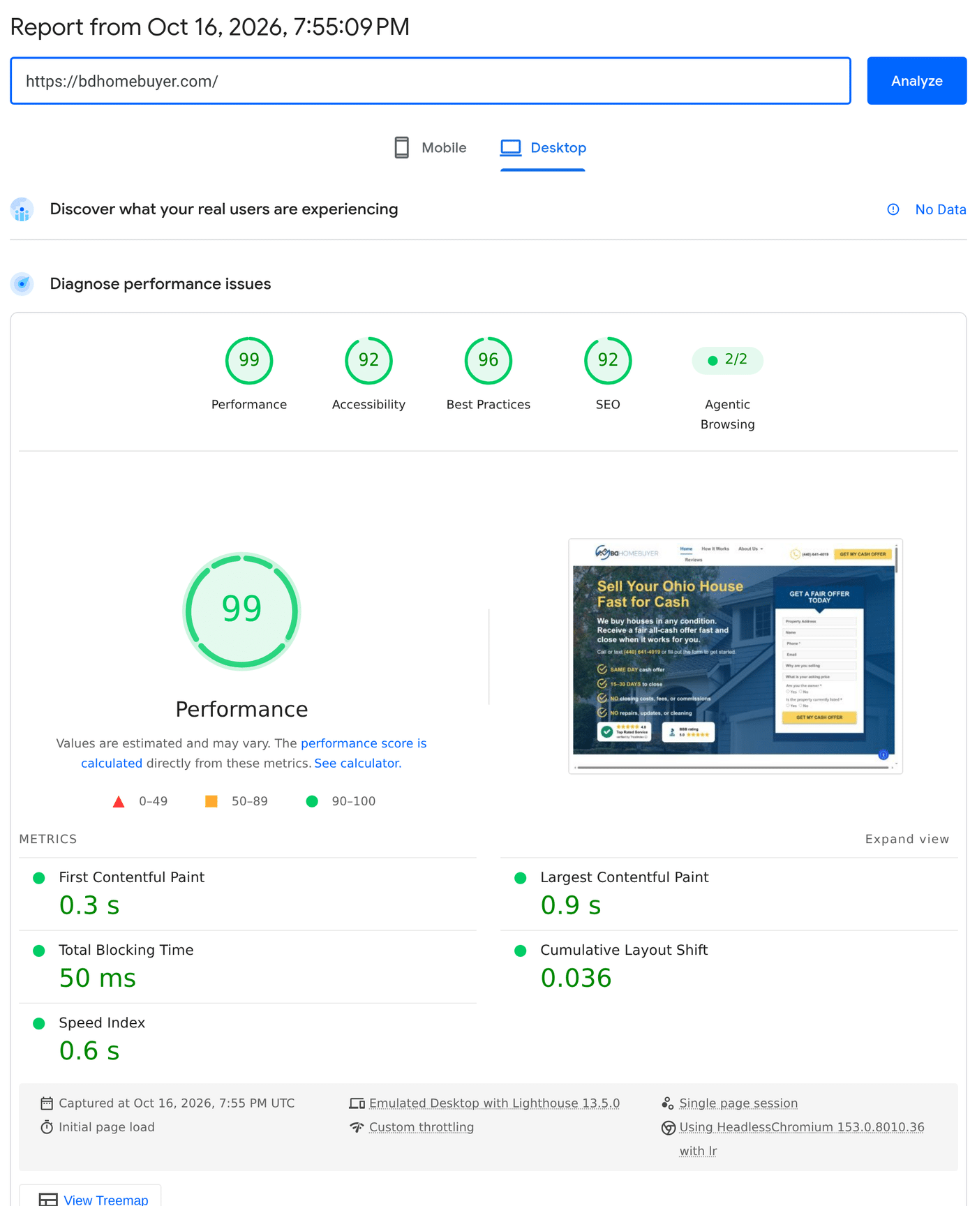 PageSpeed Insights desktop report for bdhomebuyer.com on October 16, 2026: performance 99, LCP 0.9 s, total blocking time 50 ms