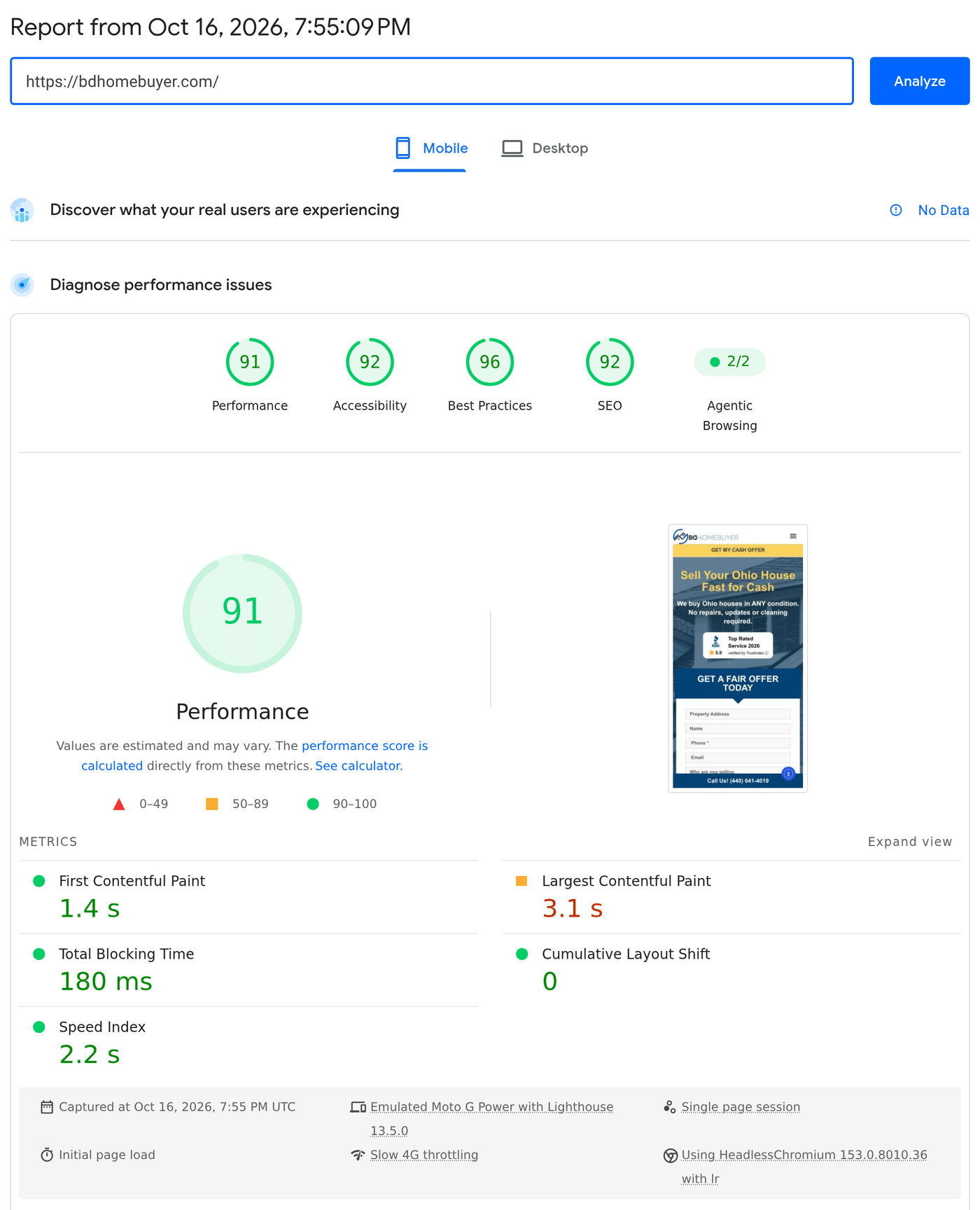 PageSpeed Insights mobile report for bdhomebuyer.com on October 16, 2026: performance 91, LCP 3.1 s, total blocking time 180 ms, layout shift 0