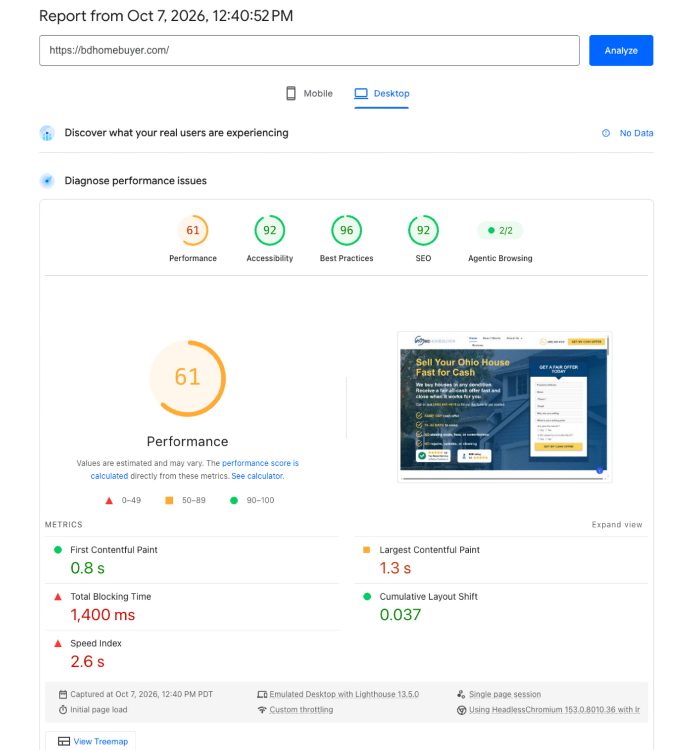 PageSpeed Insights desktop report for bdhomebuyer.com on October 7, 2026: performance 61, total blocking time 1,400 ms